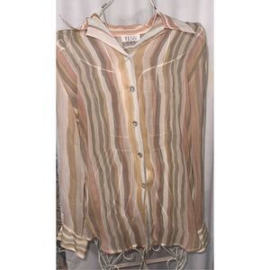 BEAUTIFUL Tess 100% Silk blouse Womens tan Stripes Classic Business Wear Oversiz